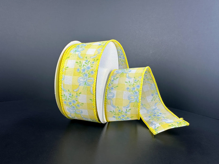 Wht Stn/Ylw Chex/Blu Bow Bouquet, 1.5"X10Y 42671-09-02 - DecoExchange®