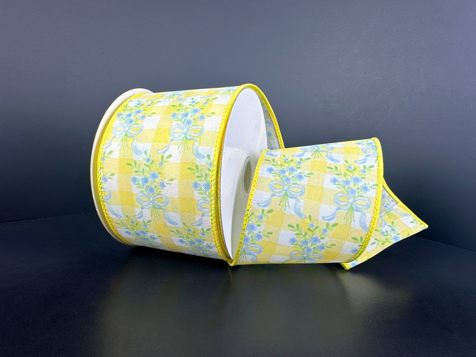 Wht Stn/Ylw Chex/Blu Bow Bouquet, 2.5"X10Y 42671-40-02