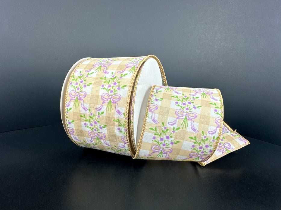 Wht Stn/Tan Chex/Lav Bow Bouquet, 2.5"X10Y 42671-40-11 - DecoExchange®