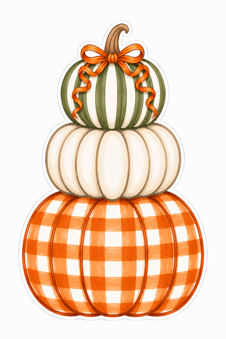 Stacked Pumpkins Green Stripe Cream and Orange Gingham with Bow, DBJ-W-0079-DH-32, 32" Door Hanger