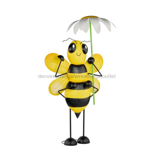 46"H Tin Standing Bee With Flower Yellow/Black/White MM1147 - DecoExchange
