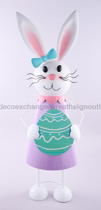 48’’H Tin Girl Bunny W/Striped Egg Wht/Pink/Lvndr/Mint/Yllw He7328 Base