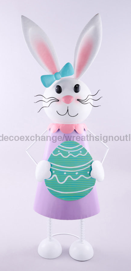48’’H Tin Girl Bunny W/Striped Egg Wht/Pink/Lvndr/Mint/Yllw He7328 Base