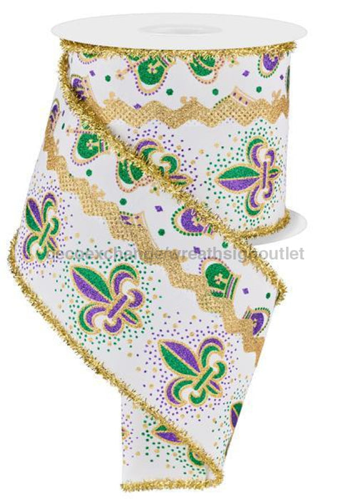 4X10Yd 2-In-1 Glittered Fleur De Lis White/Mardi Gras Rgs010802 Ribbon