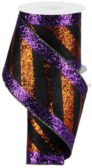 4X10Yd 3-In-1 Diagonal Glitter Stripe Black/Orange/Purple Rg8953Yr Ribbon