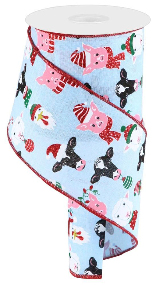 4"X10Yd Christmas Farm Animals Pale Blue/Red/Pnk/Green RGC176414 - DecoExchange
