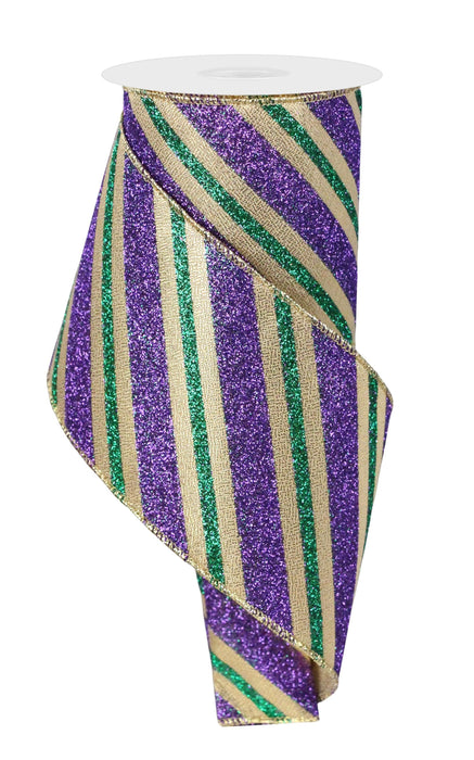 4"X10yd Diagonal Glitter Stripe Mardi Gras RG01770WY - DecoExchange