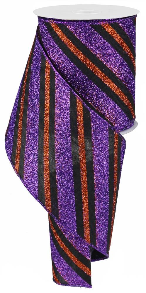 4"X10Yd Diagonal Glitter Stripe/Royal Black/Purple/Orange RG01767CY - DecoExchange