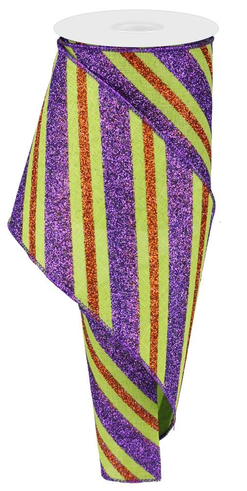 4"X10Yd Diagonal Glitter Stripe/Royal Lime/Purple/Orange RG017679K - DecoExchange