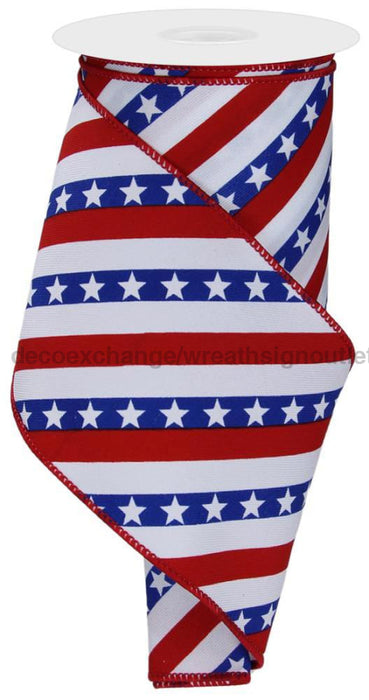 4’’X10Yd Diagonal Stripes W/Stars White/Royal Blue/Red RGE105827 Ribbon