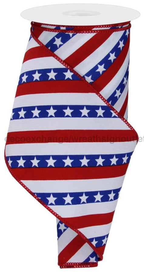 4’’X10Yd Diagonal Stripes W/Stars White/Royal Blue/Red RGE105827 Ribbon