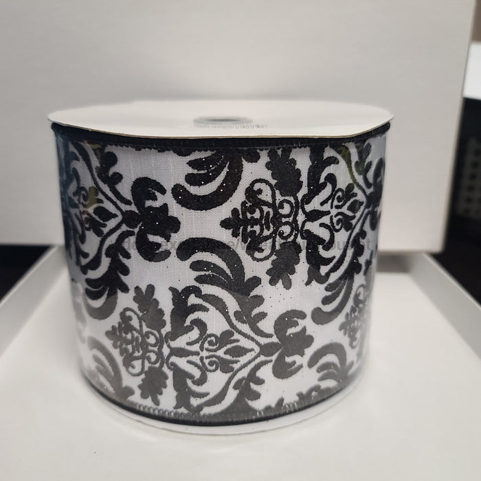 4"X10yd Double Layer Damask/Harlequin White/Black RGV0005X6 - DecoExchange