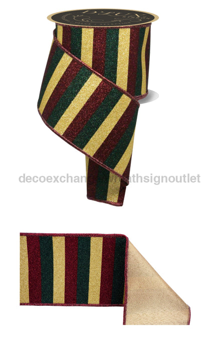 4’’X10Yd Glitter Stripe/Fused Burg/Gold/Hunter LX311035 Ribbon