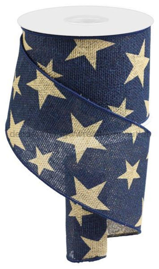 4"X10Yd Large Stars On Faux Burlap Beige/Navy RGC1335K6 - DecoExchange