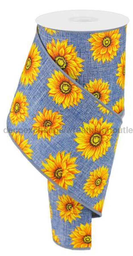 4"X10Yd Multi Sunflowers/Royal Burlap Denim/Ylw/Orng/Rust/Brn RG01874CT - DecoExchange®