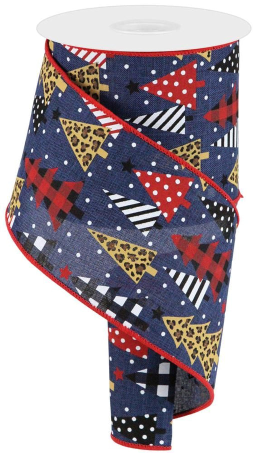 4"X10Yd Patterned Trees On Royal Navy/Red/Light Tan/Brown/Black RGC175619 - DecoExchange