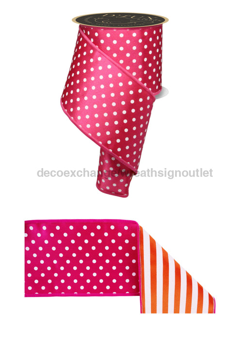 4’’X10Yd Polka Dot/Stripe/Fused Hot Pink/White/Orange Lx3063Ja Ribbon
