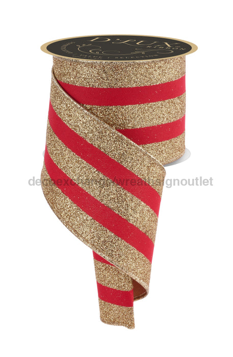 4’’X10Yd Vert Glitter Stripe/Fused Red/Gold Lx300136 Ribbon