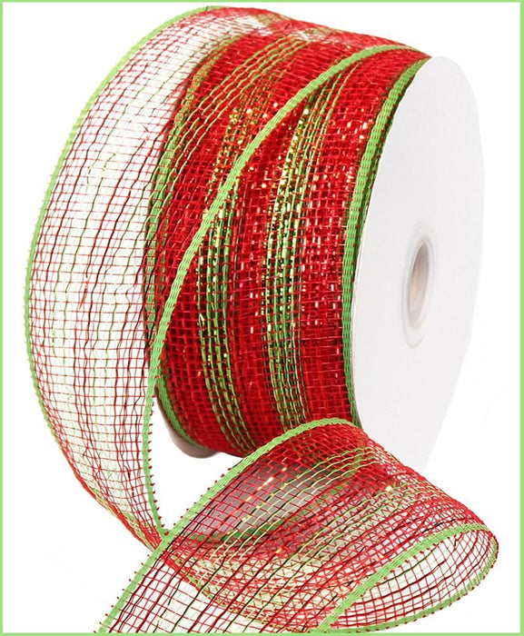 4"X25Yd Thin Stripe Mesh Red/Lime With Red/Lime Foil RS2013A9 - DecoExchange