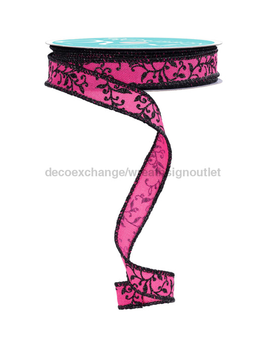 5/8’’X10Yd Glitter Mini Leaf Vines Fuchsia/Black Rgf139483 Ribbon