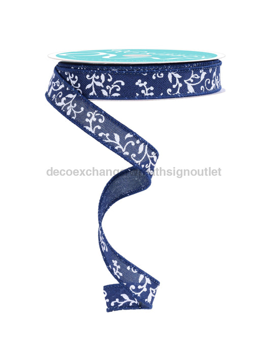 5/8"X10Yd Glitter Mini Leaf Vines Navy Blue/White/Silver RGF1396TR - DecoExchange