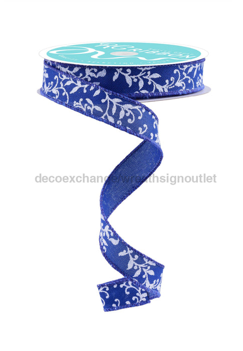 5/8’’X10Yd Glitter Mini Leaf Vines Royal Blue/White/Silver Rgf1396Wr Ribbon