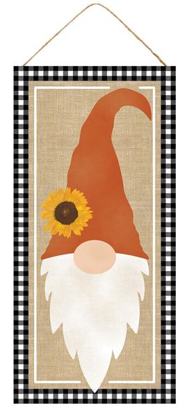 12.5"H x 6"L Fall Gnome W/CHECK Border Wht/Blk/Orng/Beige/Brn AP702102