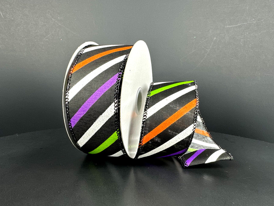 Black Satin/Lime-Org-Purple-White Diagonal Stripes, 1.5"X10Y 51604-09-21
