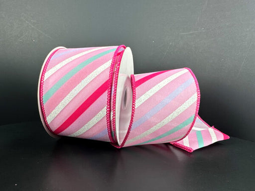Pink Satin/Fuchsia-Teal-Lavender-White Diagonal Stripes, 2.5"X10Y 51604-40-44