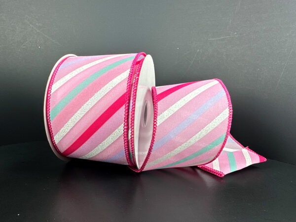 Pink Satin/Fuchsia-Teal-Lavender-White Diagonal Stripes, 2.5"X10Y 51604-40-44