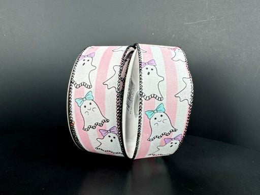 White-Pink Satin Stripes/Cutie Bow Ghosts, 1.5"X10Y 51607-09-44