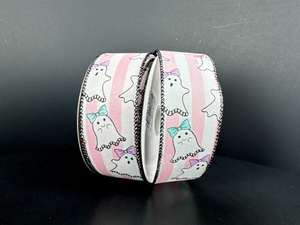 White-Pink Satin Stripes/Cutie Bow Ghosts, 1.5"X10Y 51607-09-44