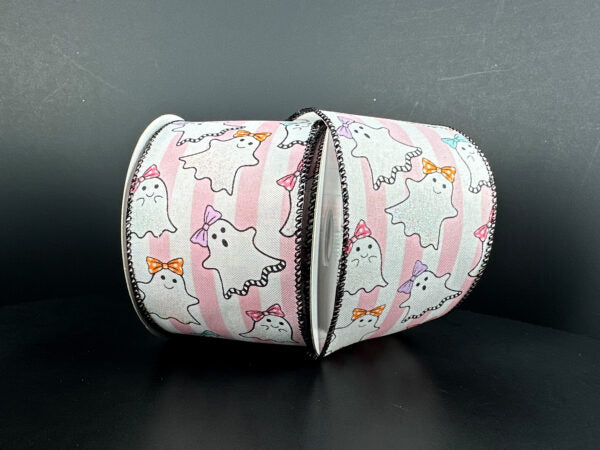 White-Pink Satin Stripes/Cutie Bow Ghosts, 2.5"X10Y 51607-40-44