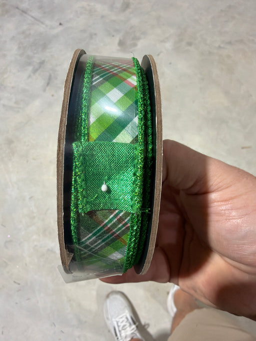 1” x 10yds dupion bias cut plaid, shades of green - DecoExchange®