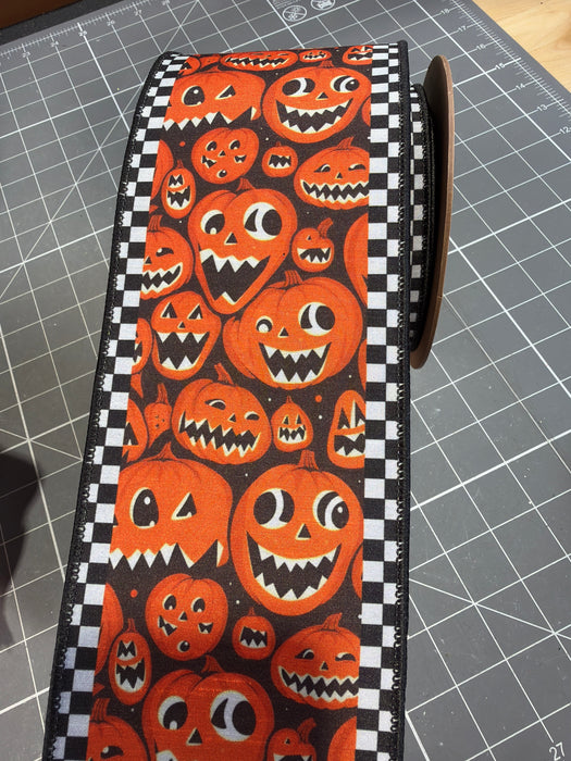 4"X10YD Wired Dupioni Ribbon Jack-o-Lanterns & Check Edging, Black Backing 9806W-750-100E