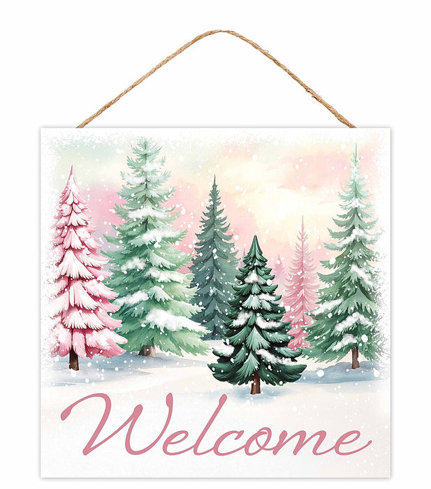 10"Sq Mdf Welcome W/Tree Wht/Lt Pink/Mint AP7464K5