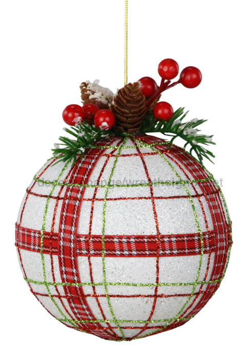 5’’Dia Plaid Ball Orn W/Greenery White/Red/Green XJ5108 Pick