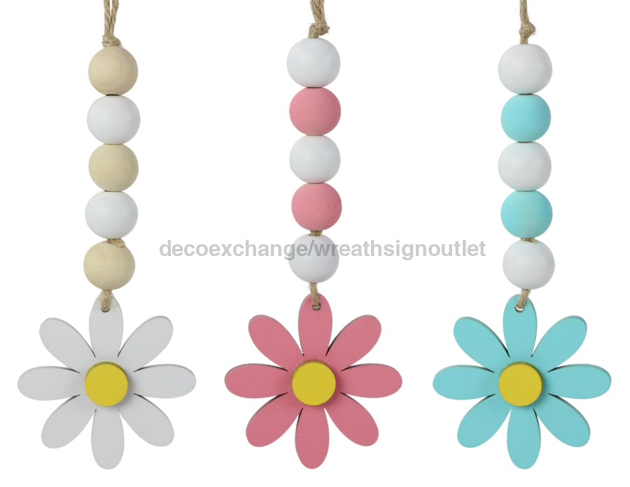 6.5’’L Wood Bead Daisy Ornament 3 Asst Lt Pnk/Wht/Rbn Egg MS172999 Ornament