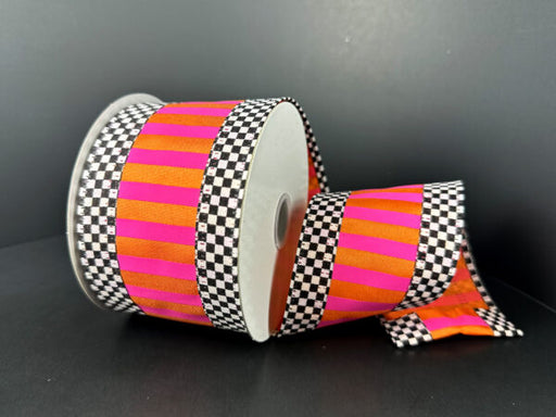 Orange Satin-Fuchsia Stripes/Black-White Checks Edge, 2.5"X10Y 65622-40-21