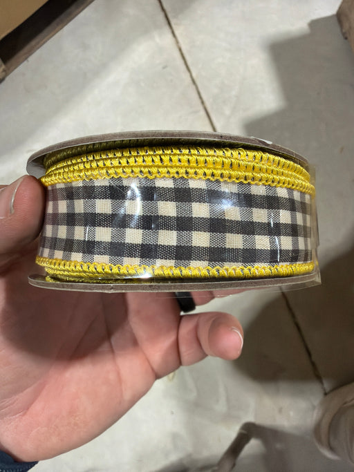 1” x 10yds gingham check yellow back, black white - DecoExchange®