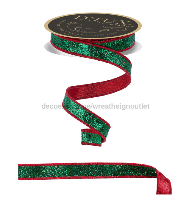 7/8’’X10Yd Laser Glitter/Fused Laser Emerald Green/Red LX327006 Ribbon
