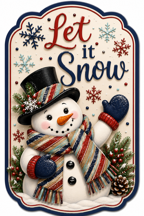 Let It Snow Striped Scarf Snowman, MF-W-0108, 12in Sign For Wreath, Wood Wreath Sign
