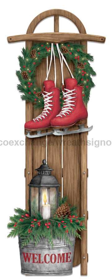 70’’H X 26’’L Sled/Skates/Wreath Sign Tan/Red/Green XC7247A4 base