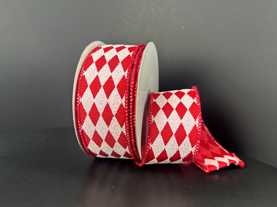 Red Satin/White Glitter Narrow Harlequin, 1.5"X10Y 71613-09-13