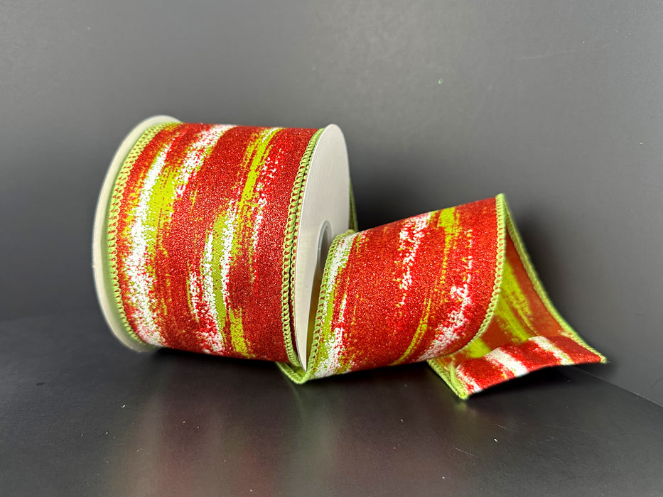 Lime Satin/Red Glitter-White Brushstrokes, 2.5"X10Y 71615-40-29
