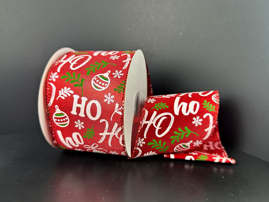 Red Metallic Satin/Festive Ho Ho Ho, 2.5"X10Y 71616-40-12