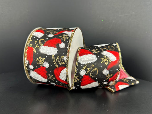 Black Satin/Santa's Hats-Gold Ho Ho Ho, 2.5"X10Y 71636-40-15