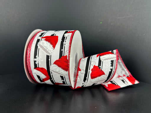 White Satin Black Stripes Santa's Hats Snow Ribbon 71637-40-21