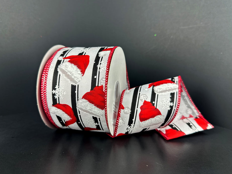 White Satin Black Stripes Santa's Hats Snow Ribbon 71637-40-21