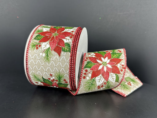 Light Natural Linen-White Diamond Net Print/Poinsettias, 2.5"X10Y 71643-40-01
